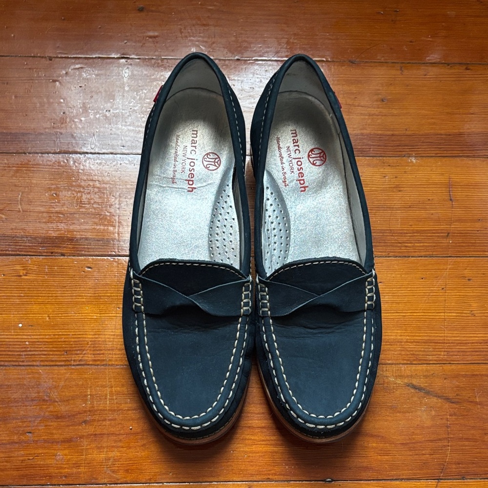 Marc Joseph Navy Loafers with Tan Stitching (size 8)